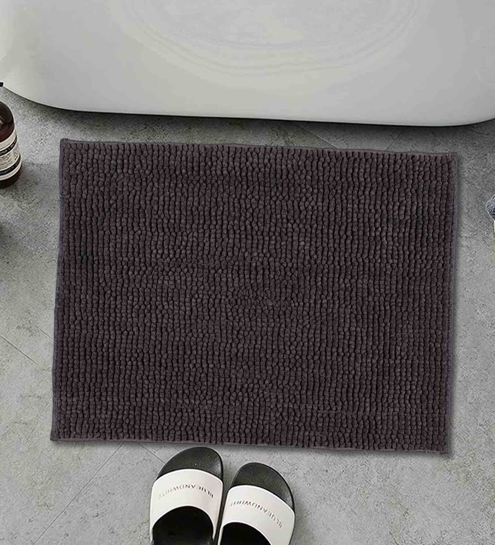 Buy Dark Grey Solid Chenille 24x16 Inches AntiSkid Bath Mat by Saral