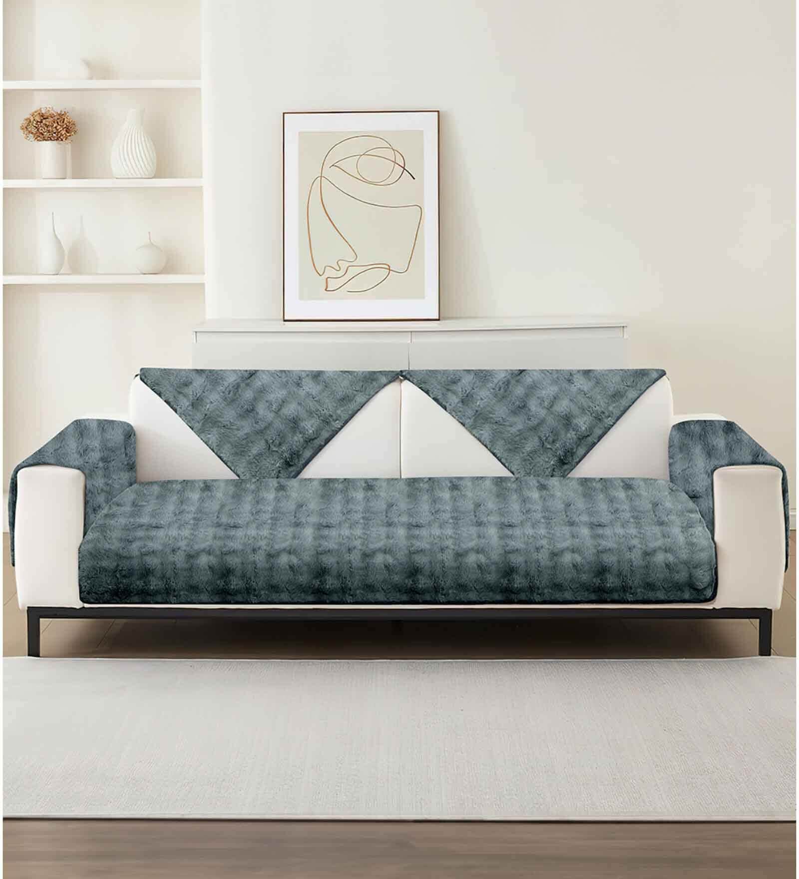 Dark Grey Solid Fur 4 Seater Non Slip L shaped Sofa Cover