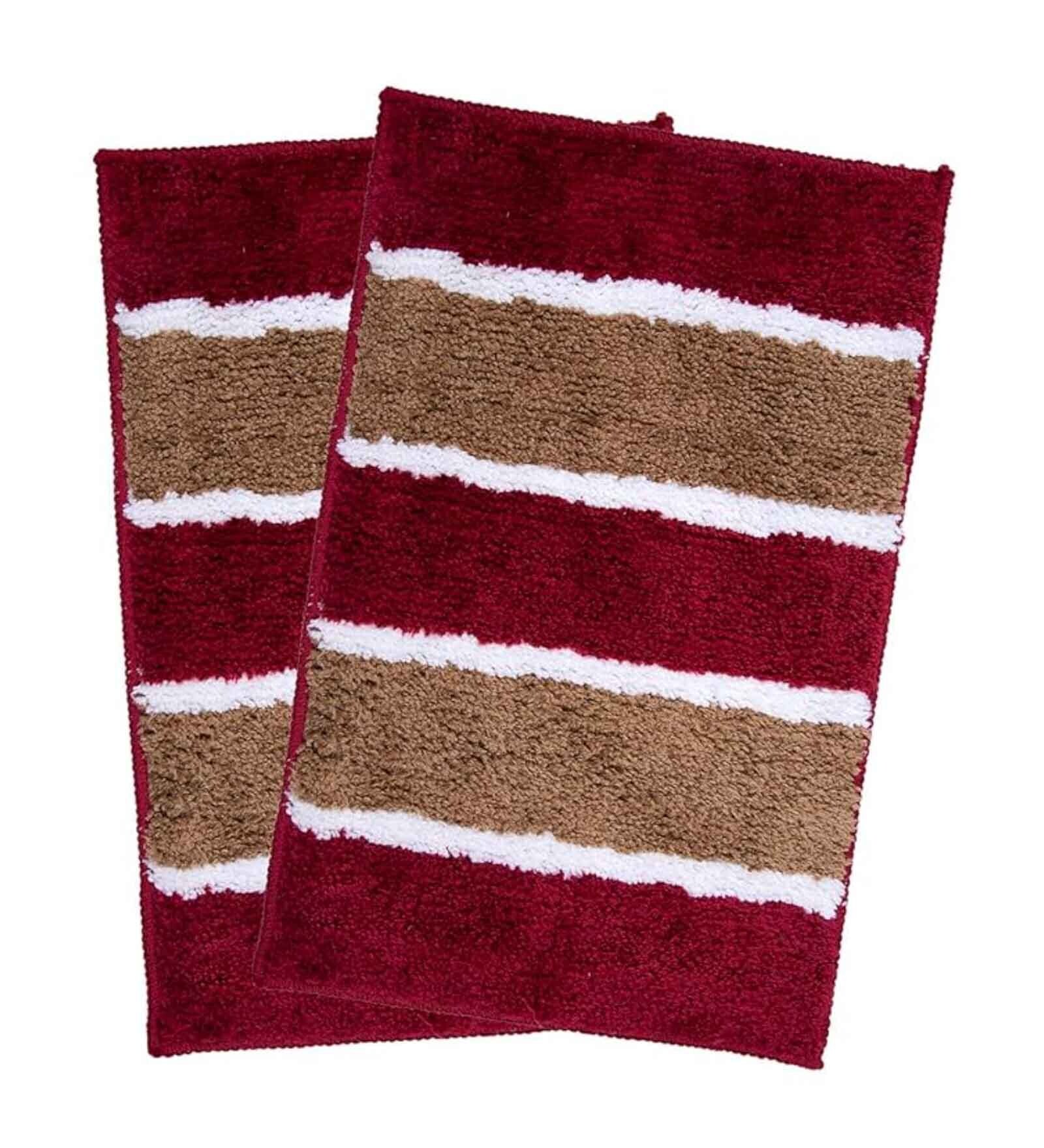 Brown and Maroon Striped Polyester Blend 21x13 Inches Antiskid Bath Mat (2Pcs)