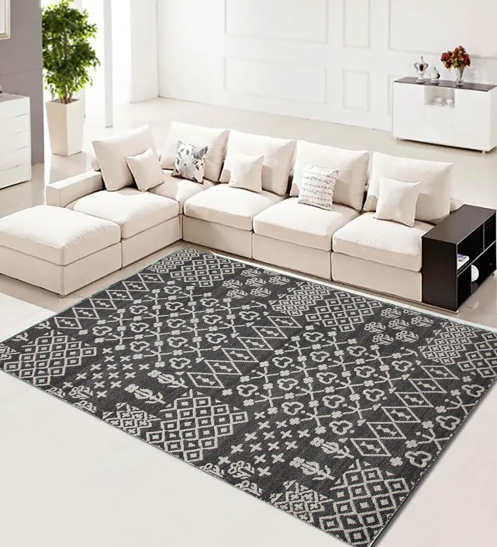 Dark Grey Abstract Wool 5 ft x 7 ft Hand Woven Carpet
