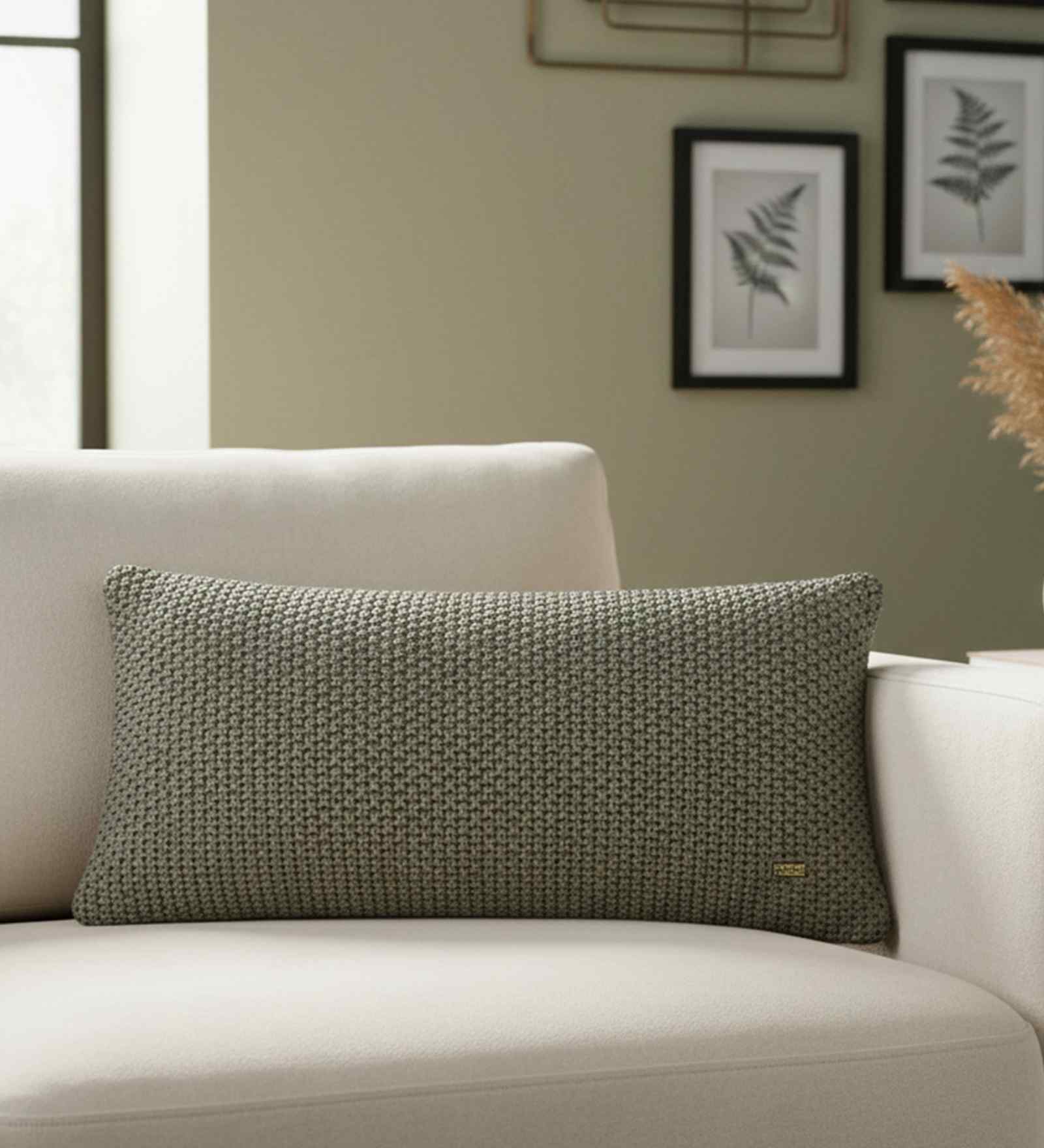 Dark Pewter & Dull Gold Color 100% Cotton Moss 12X20 Inches Knitted Cushion Cover