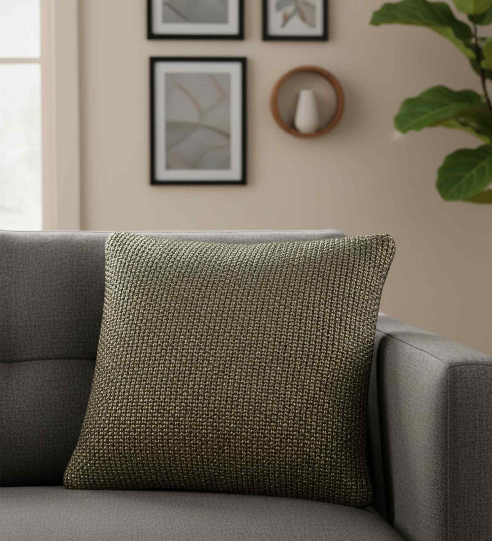 Dark Pewter & Dull Gold Color 100% Cotton Moss Knit 18X18 Inches Knitted Cushion Cover