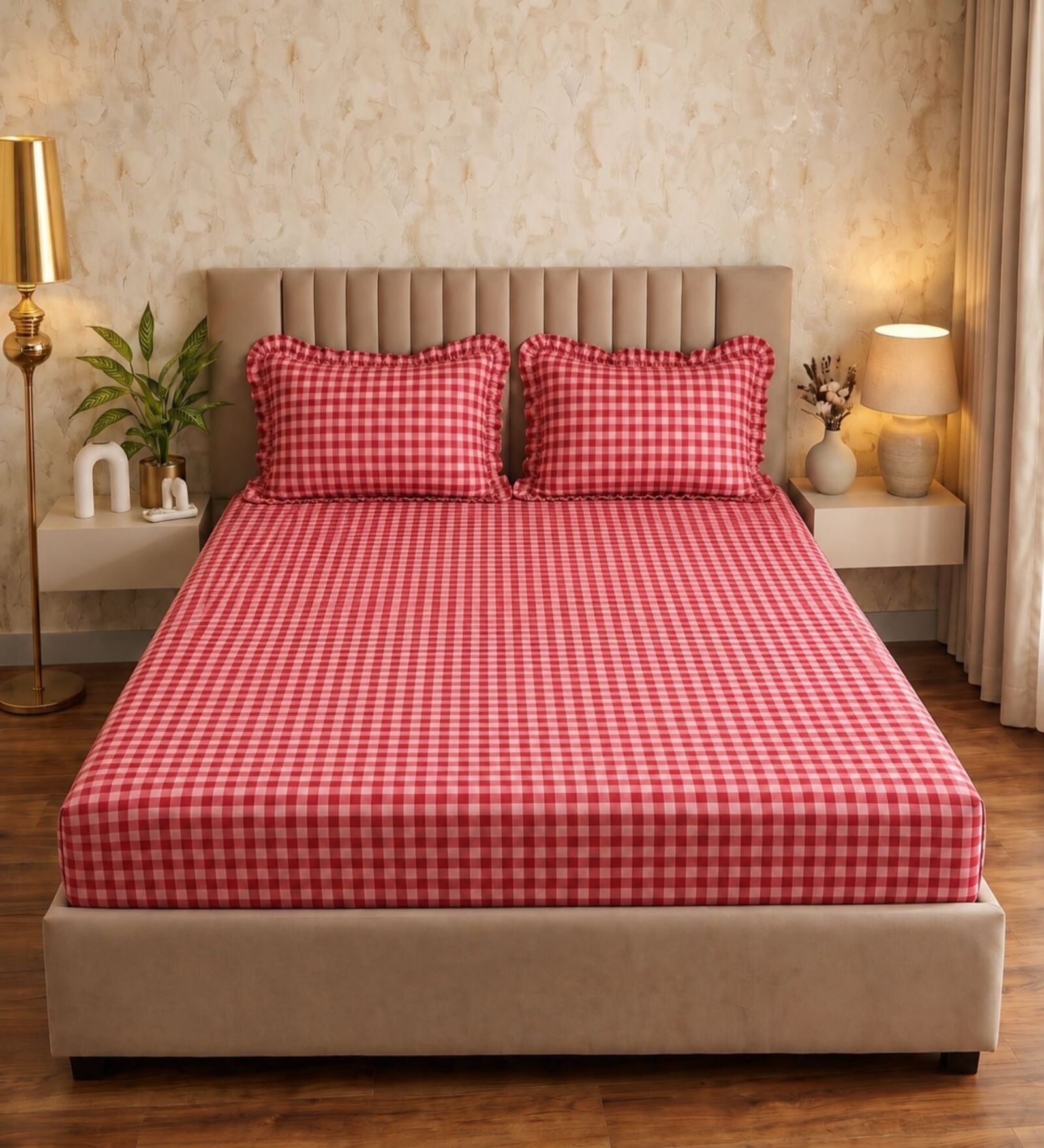 Dark Pink Checkerd Polycotton Double King Fitted Bedsheet With 2 Frill Pillow Covers