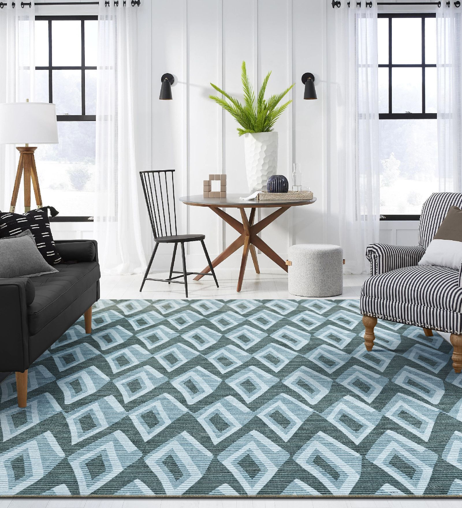 Dark Turquoise Geometric Polyester 5 ft x 7 ft Machine Made Carpet