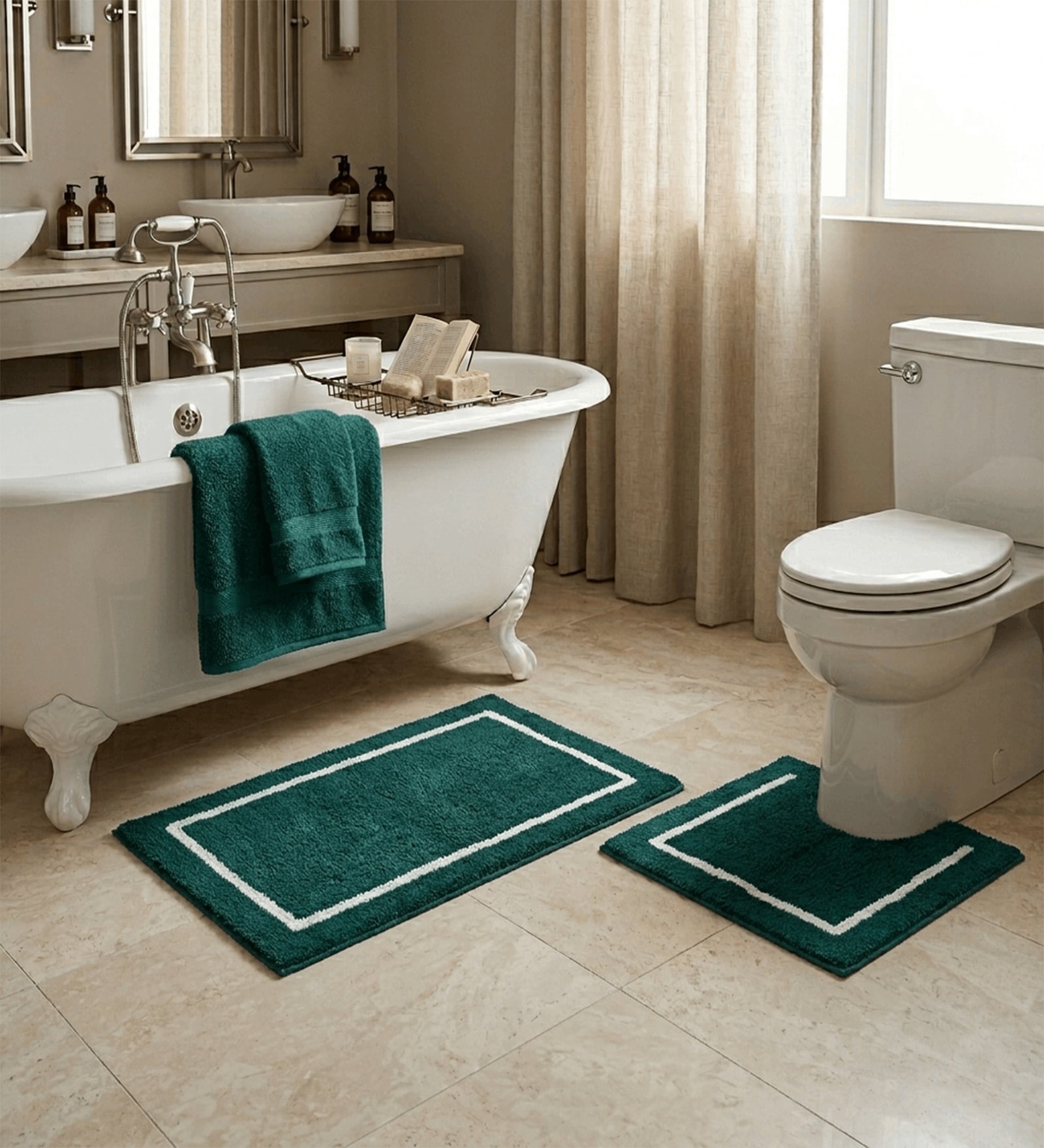 Darkgreen Cotton 20X30 Inches Anti-Skid Bath Mat Set Of 2