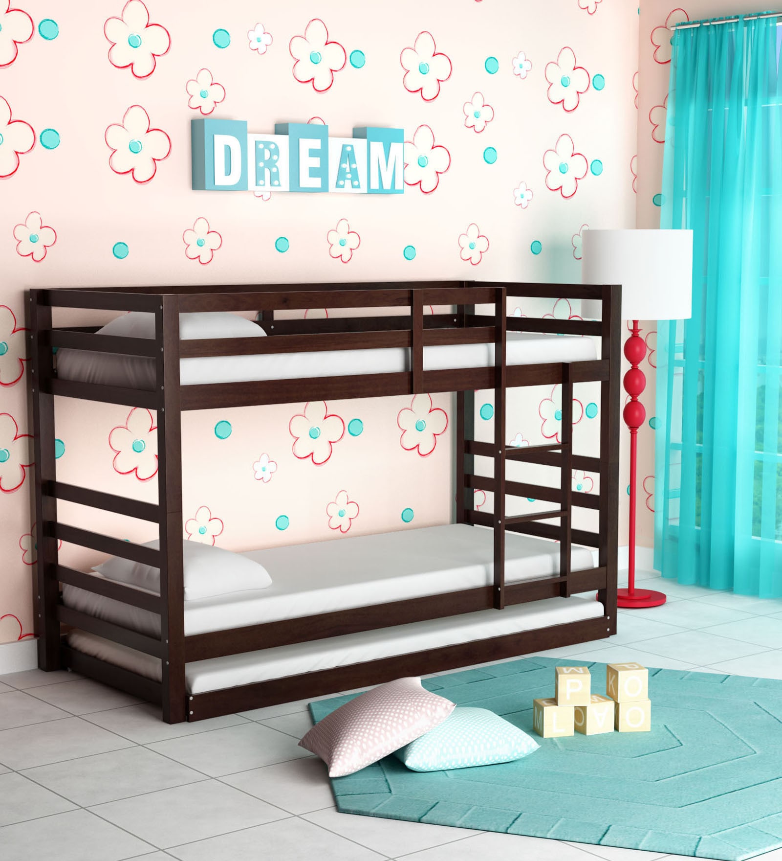 Dave Bunk Bed with Trundle in Walnut Finish
