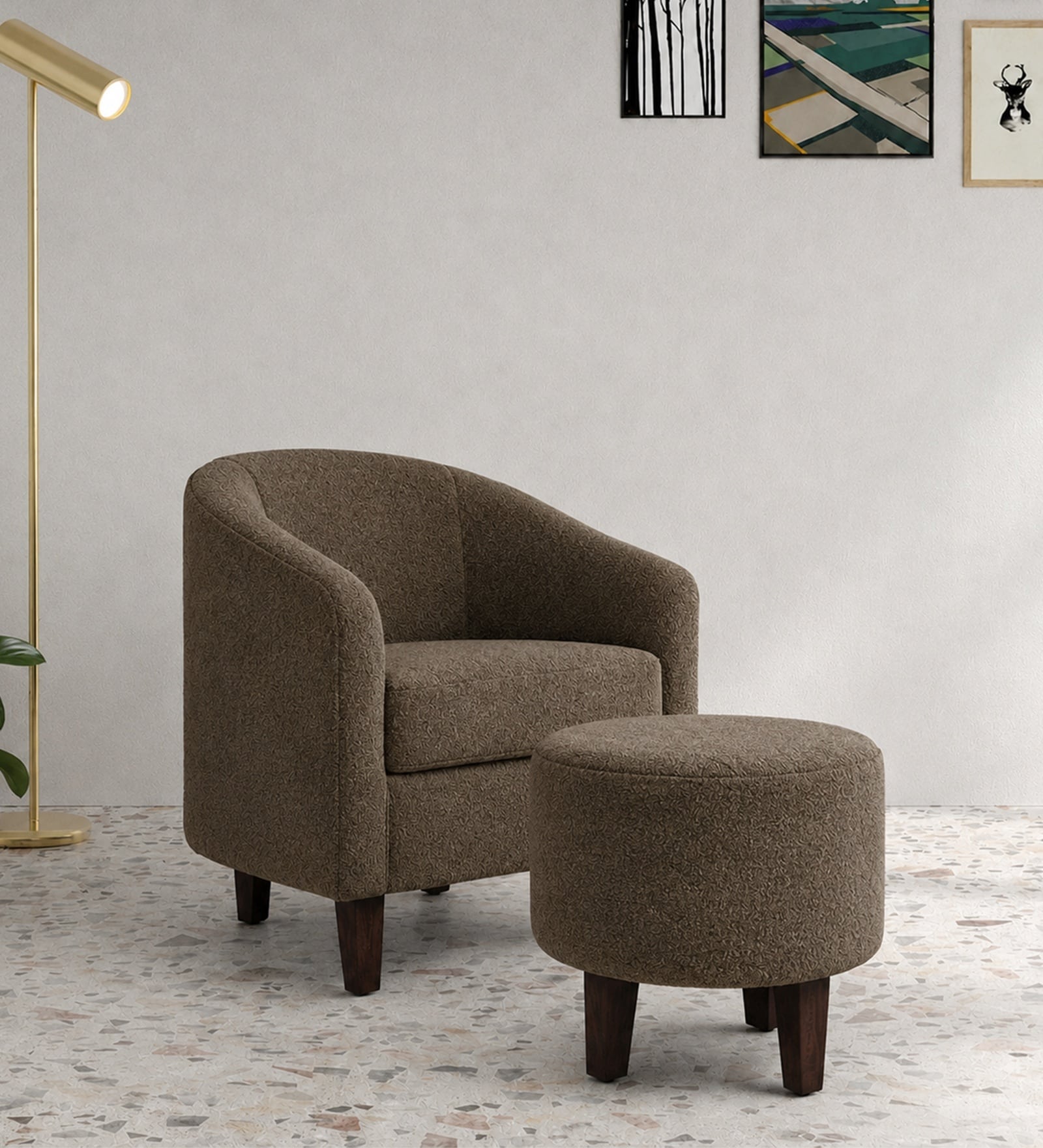 Daviana Walnut Finish Boucle Fabric Barrel Chair In Brown Colour Daviana Walnut Finish Boucle Fabric Barrel Chair In Brown Colour
