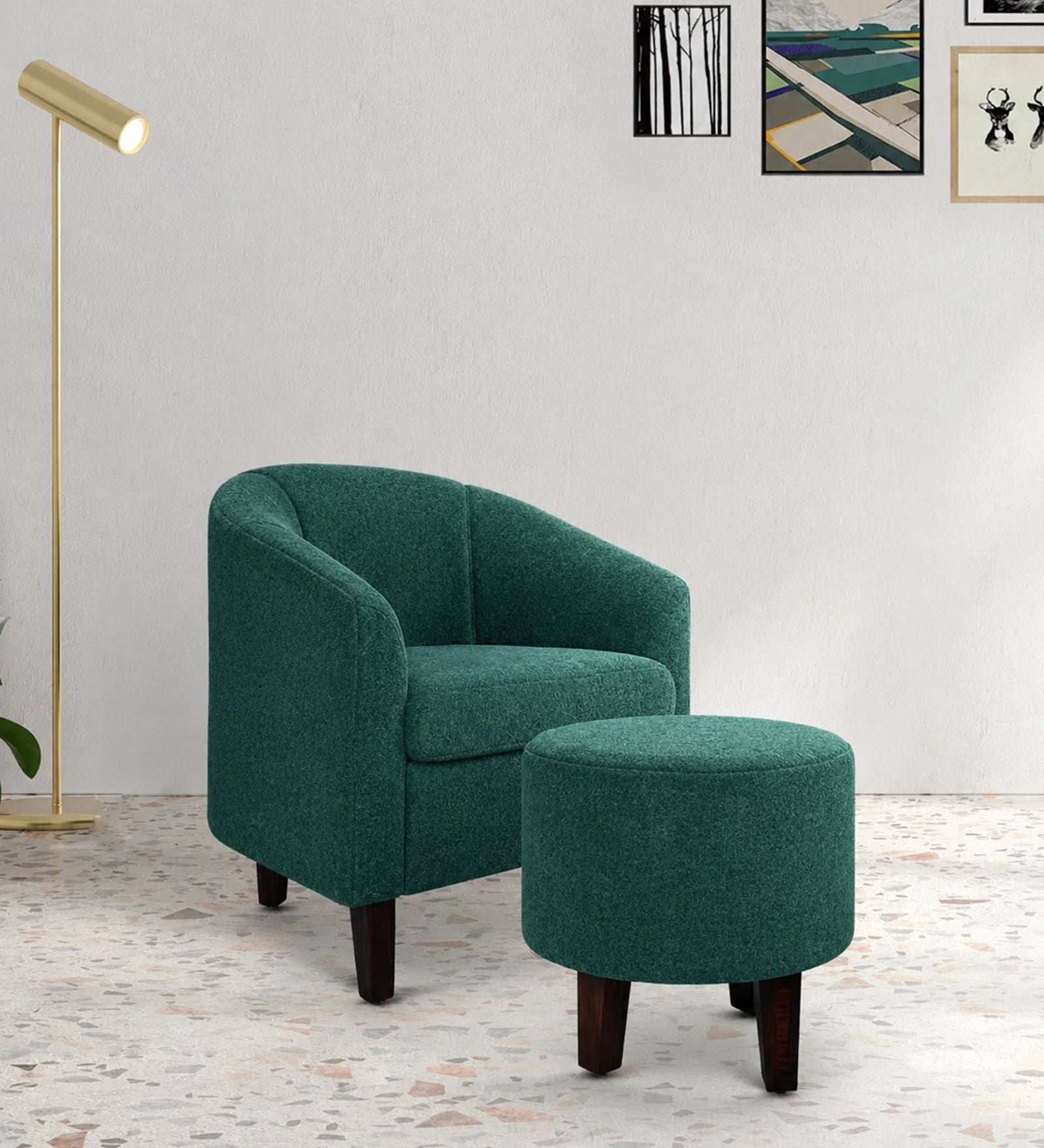 Daviana Walnut Finish Boucle Fabric Lounge Chair In Green Colour
