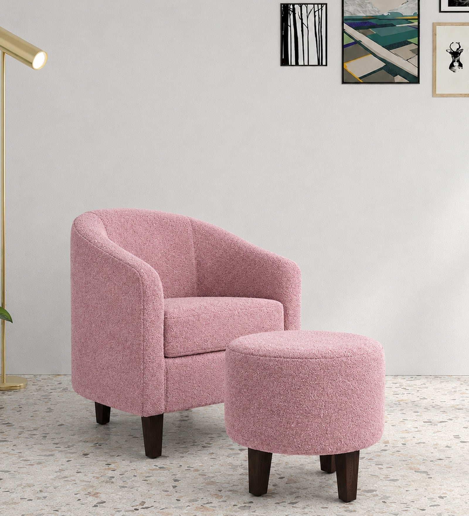 Daviana Walnut Finish Boucle Fabric Chair In Pink Colour With Stool Daviana Walnut Finish Boucle Fabric Chair In Pink Colour With Stool