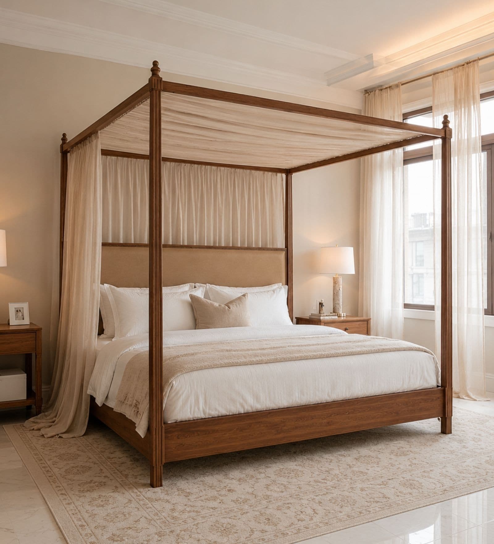 Dawn Poster King Size Bed In Dark Walnut Finish With Hydraulic Storage