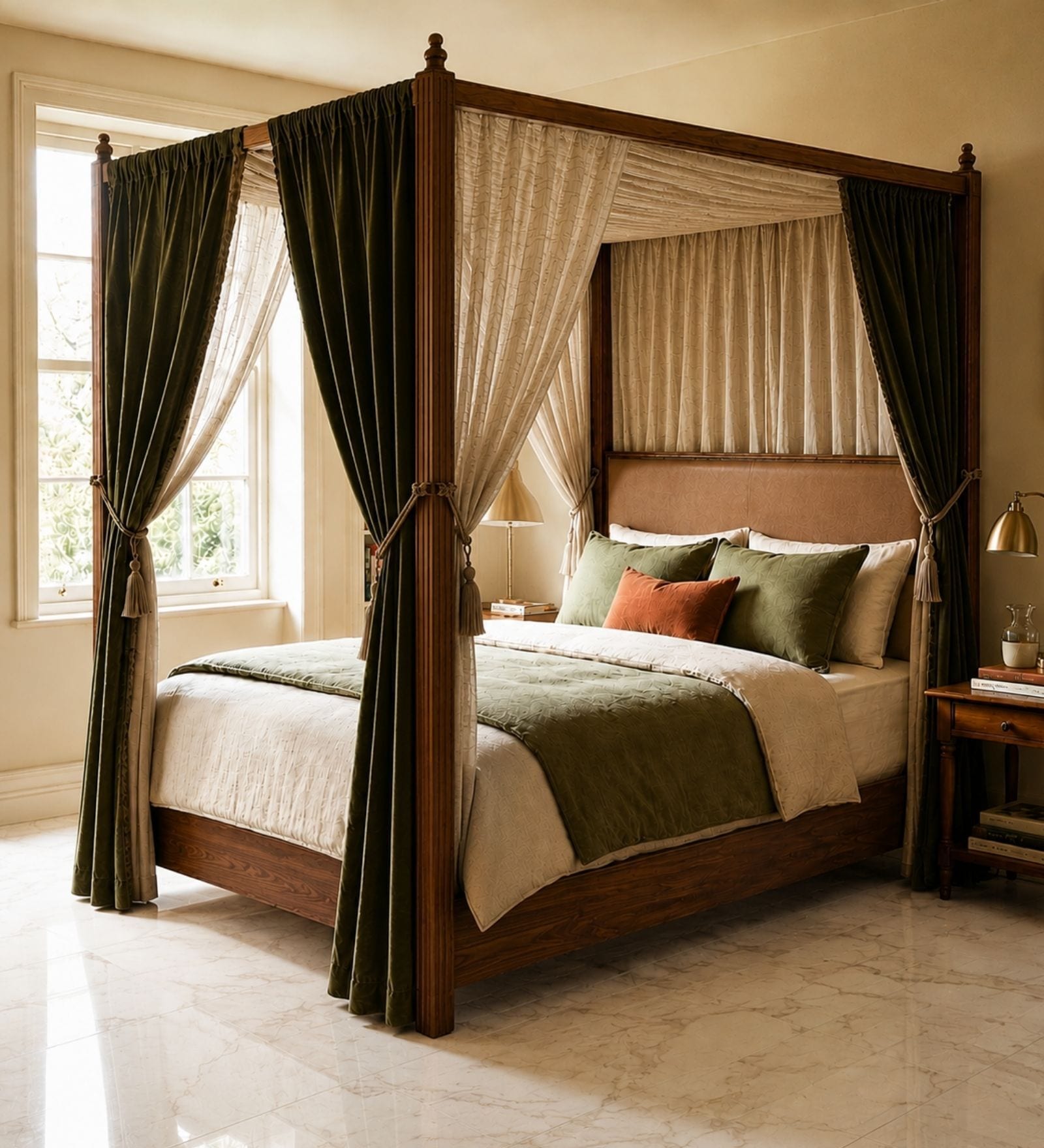 Dawn Poster Queen Size Bed In Dark Walnut Finish With Hydraulic Storage