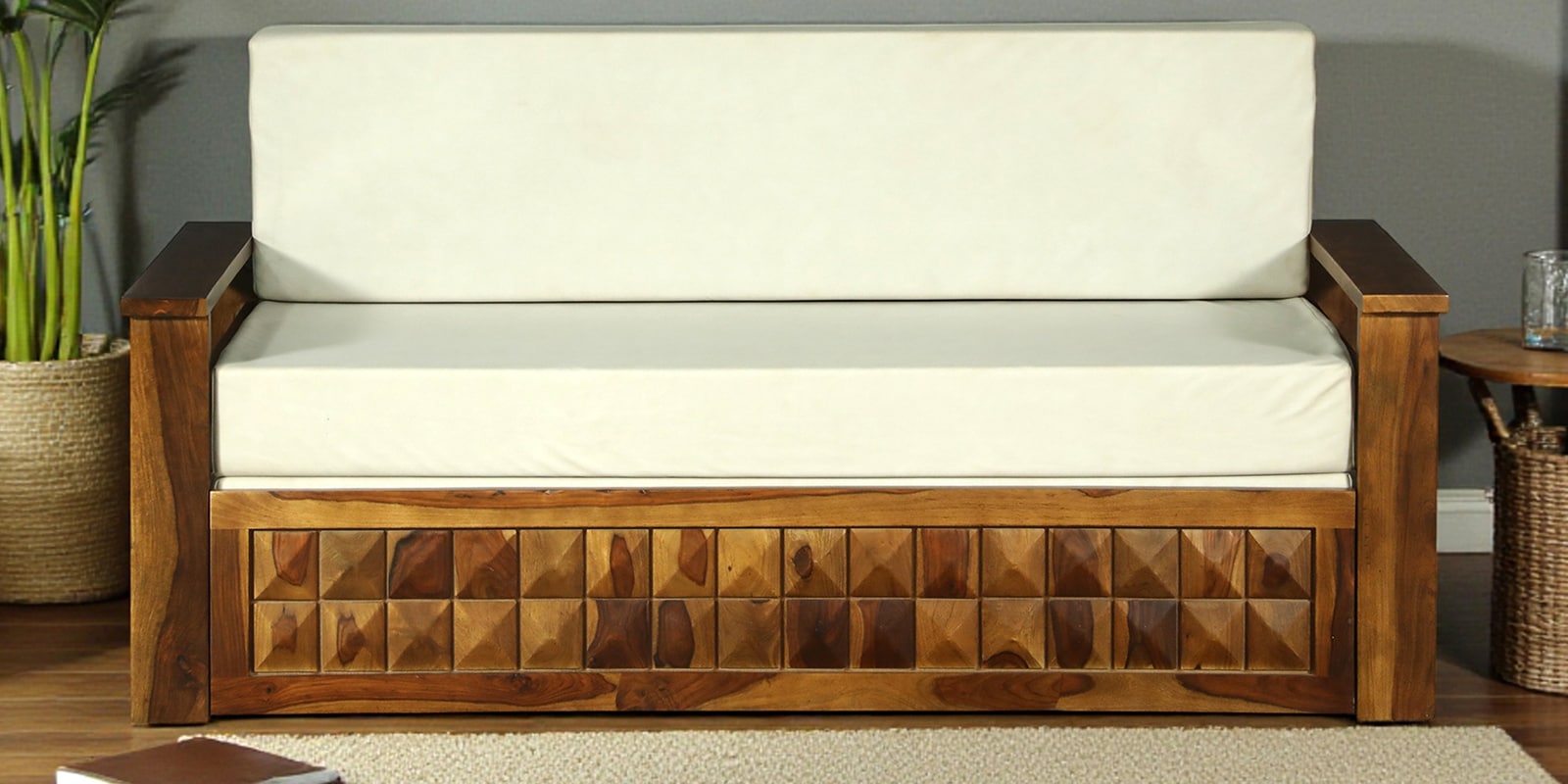 Daimond Sheesham Wood Pull Out 3 Seater Sofa Cum Bed In Provincial Teak Finish with Storage