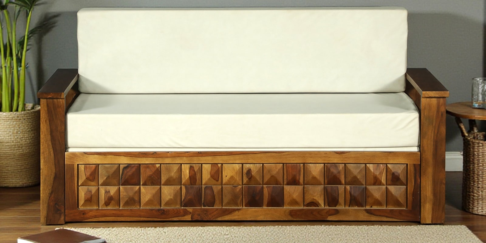 Daimond Sheesham Wood Pull Out 3 Seater Sofa Cum Bed In Provincial Teak Finish with Storage