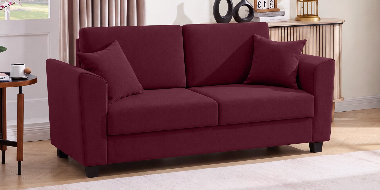 Daku Velvet Fabric 2 Seater Sofa In Maroon Colour