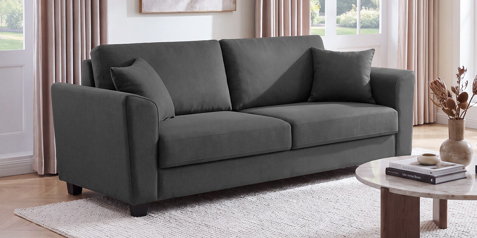 Daku Velvet Fabric 3 Seater Sofa In Grey Colour