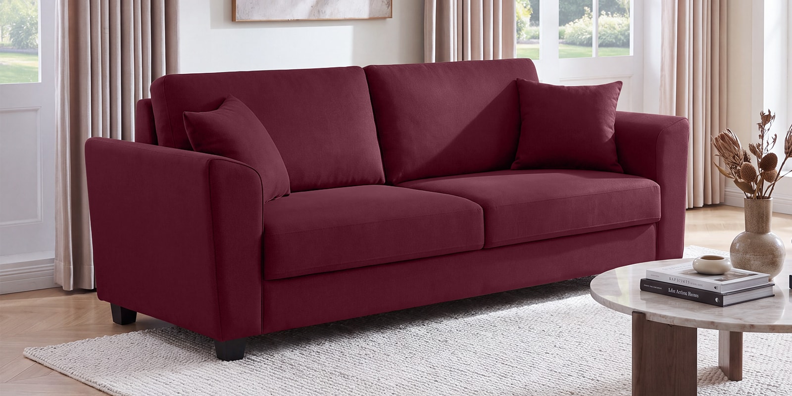 Daku Velvet Fabric 3 Seater Sofa In Maroon Colour