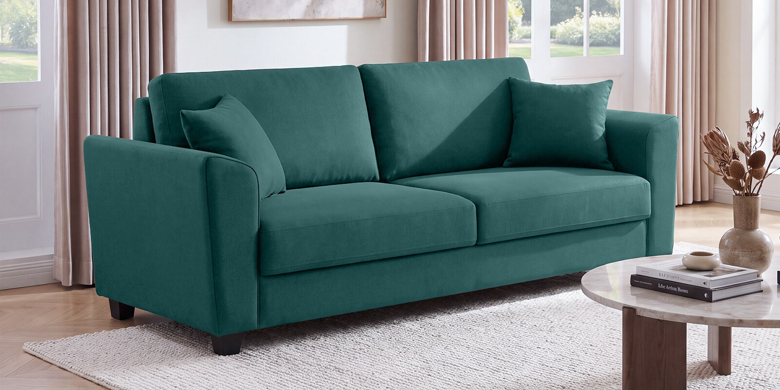 Daku Velvet Fabric 3 Seater Sofa In Teal Green Colour