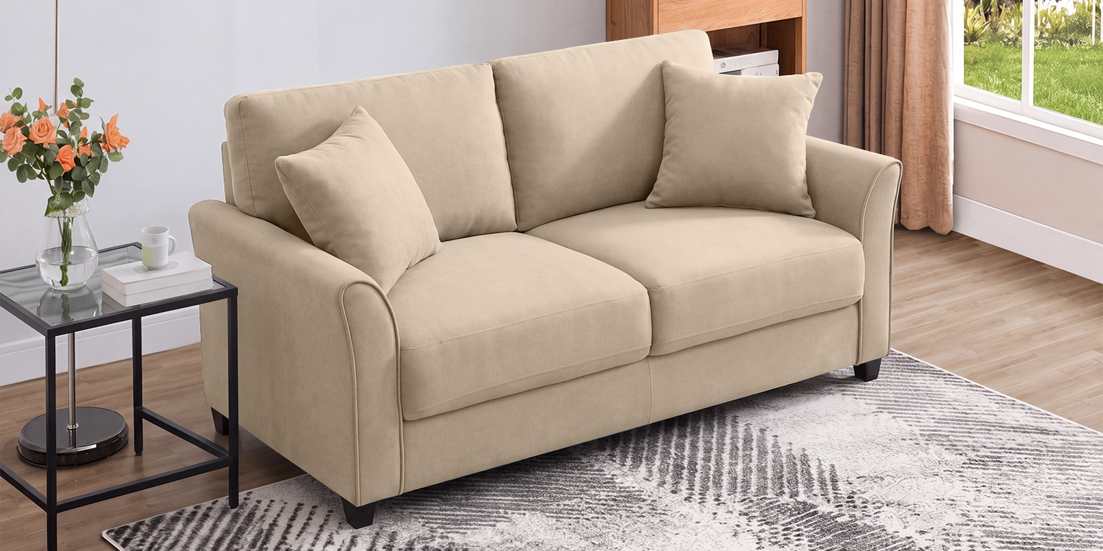 Daroo Velvet Fabric 2 Seater Sofa In Beige Colour