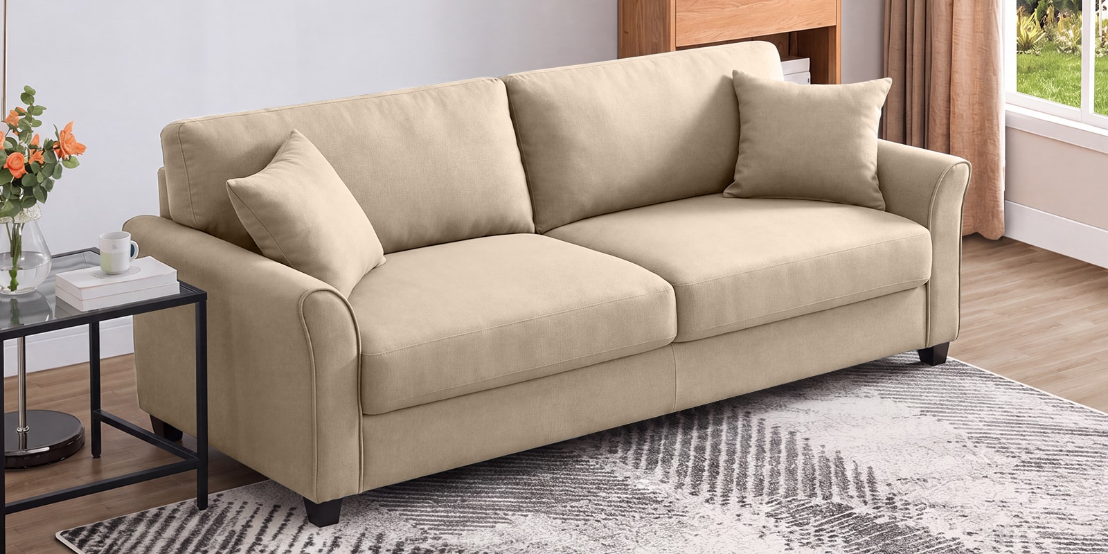 Daroo Velvet Fabric 3 Seater Sofa In Beige Colour