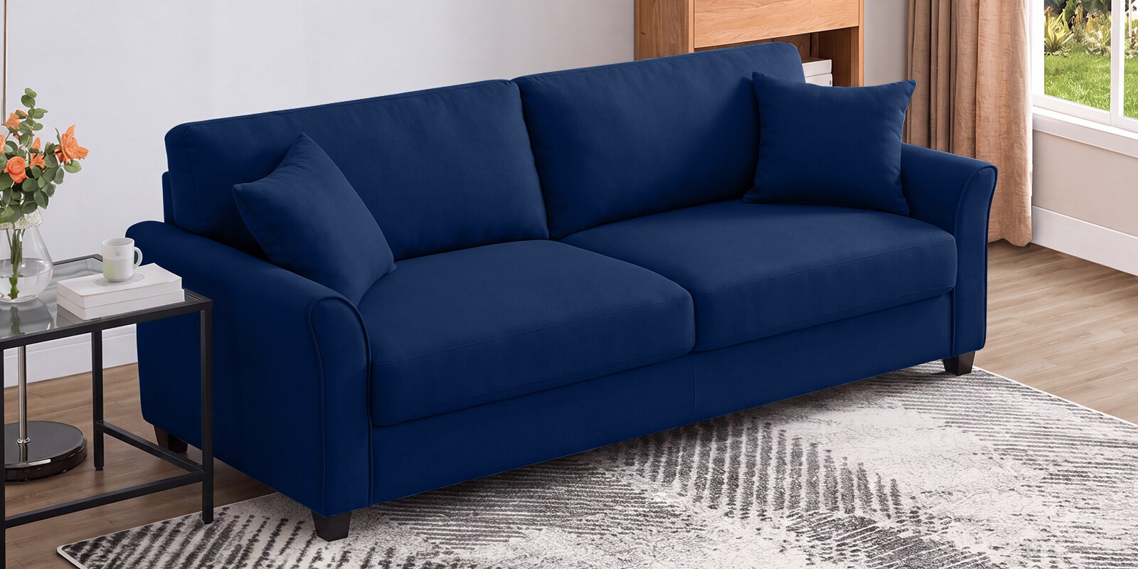 Daroo Velvet Fabric 3 Seater Sofa In Blue Colour