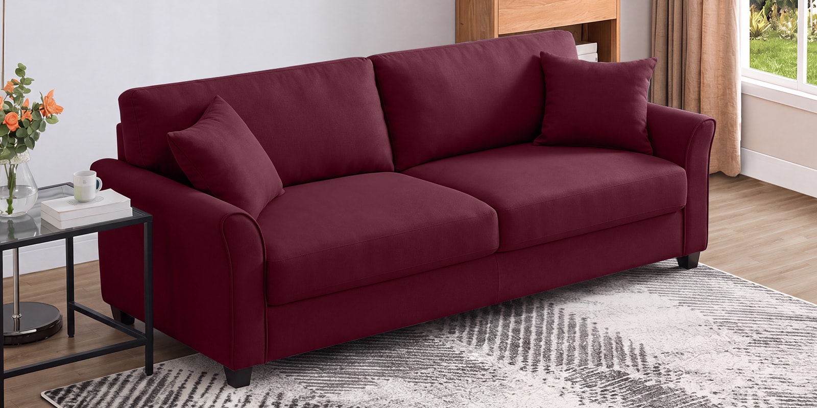Daroo Velvet Fabric 3 Seater Sofa In Maroon Colour