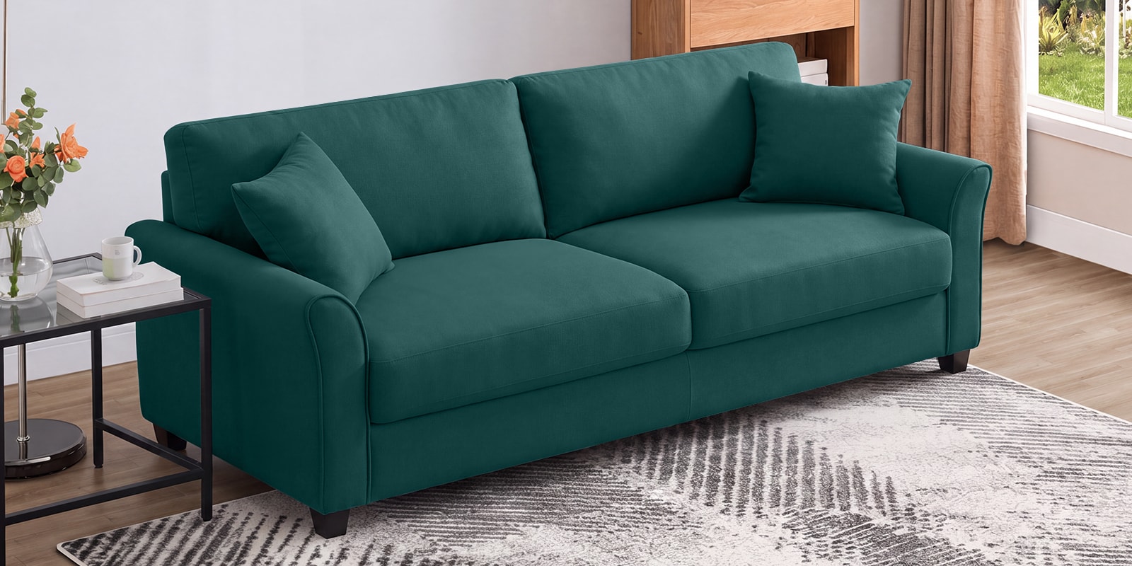 Daroo Velvet Fabric 3 Seater Sofa In Teal Green Colour