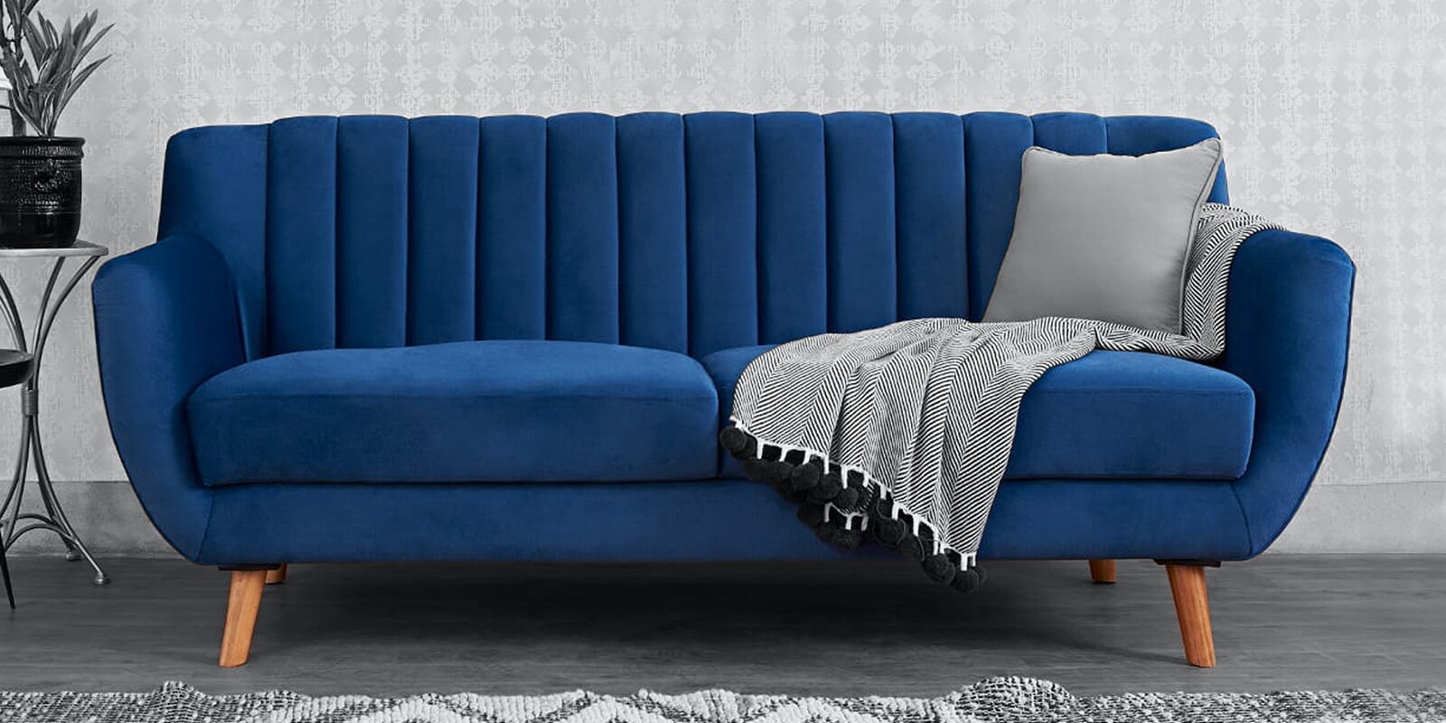Buy Dave 3 Seater Sofa in Blue Colour By Peachtree Online MidCentury