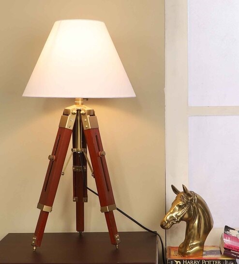 Charlotte White Cotton Shade Night Lamp With Wood & Metal Base