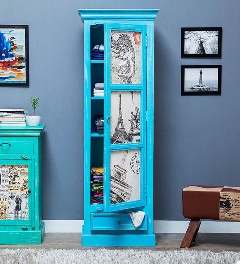 Buy Daft Solid Wood Slim Wardrobe In Azure Blue Finish By