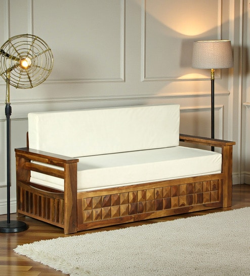 Daimond Sheesham Wood Pull Out 3 Seater Sofa Cum Bed In Provincial Teak Finish with Storage