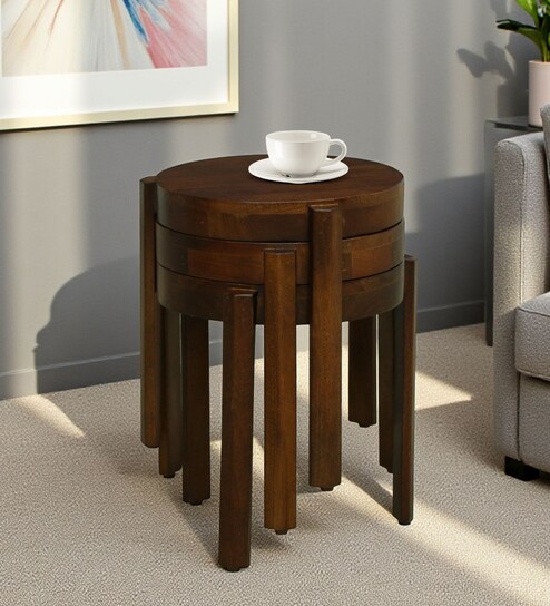 Dakovo Mango Wood Round Nest Of Tables In Tubbaq Finish ( Set of 3 )