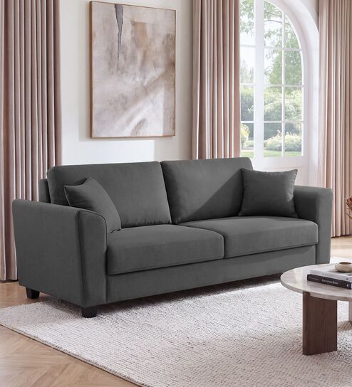 Daku Velvet Fabric 3 Seater Sofa In Grey Colour