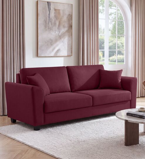 Daku Velvet Fabric 3 Seater Sofa In Maroon Colour