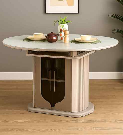 Dallas American Glass Top Extendable 6 Seater Dining Table With Inbuilt Cooktop & Storage Pedestal In White Finish