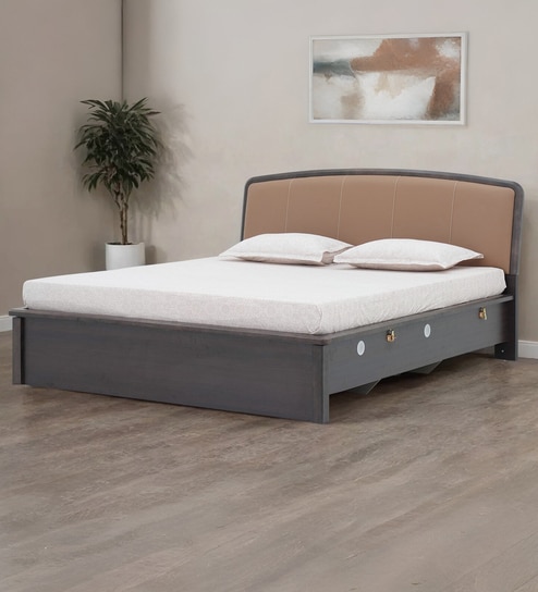 Dallas American King Size Bed With Upholstered Headboard & Hydraulic Storage In Brown color