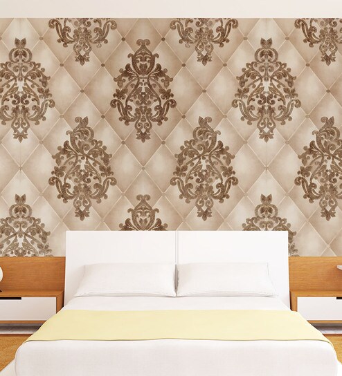 Damask Design With Leather Base Beige Pvc Wallpaper Emboss Finish By Konark Decor