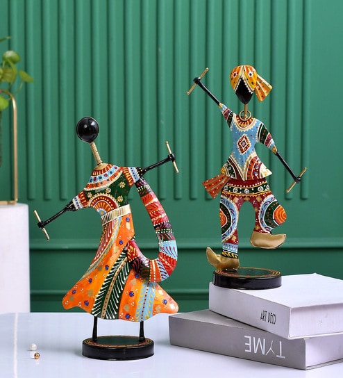 Multicolor Metal Dandiya Couple Decorative Showpiece Set Of 2
