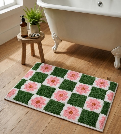 Green and White Tufted Pink Flower Bath Mat (40x60 CM)
