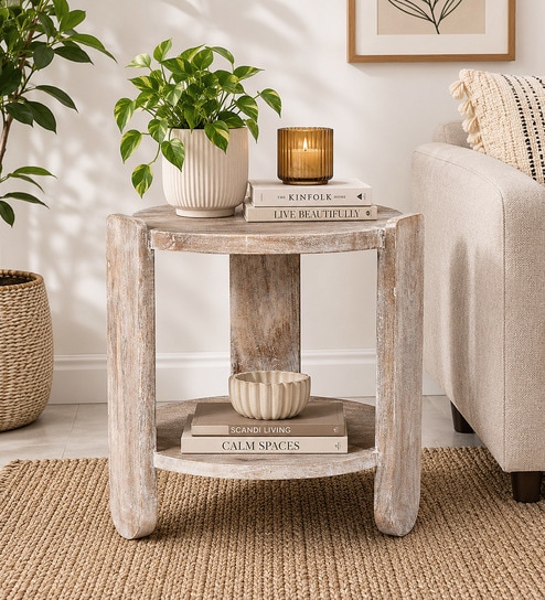 Daria Mango Wood Side table in Whitewash Finish