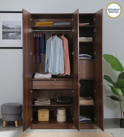 Dario 3 Door Wardrobe In Rolex Brown & Suede Finish With Locker & Drawer