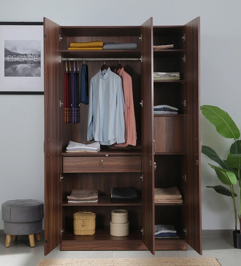 Dario 3 Door Wardrobe In Rolex Brown & Suede Finish With Locker & Drawer