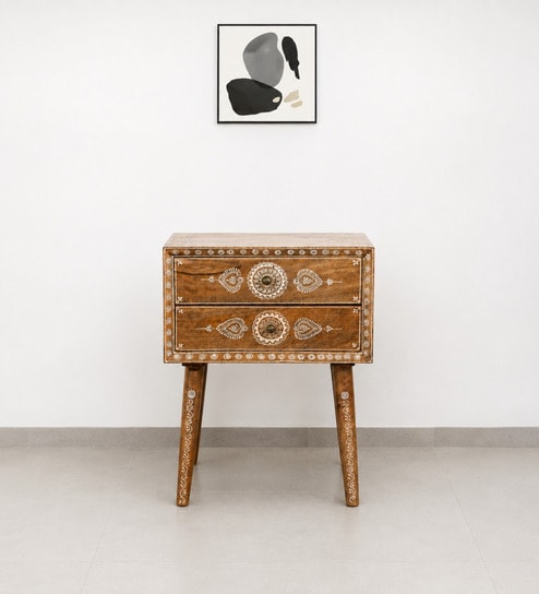 Antique Wooden Side Table With Brass Fittings In Yellow Colour Antique Wooden Side Table With Brass Fittings In Yellow Colour
