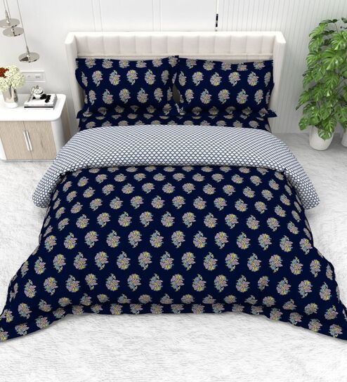 Dark Blue 4-Piece Combo Of Double Bed AC Comforter & Bedsheet Set