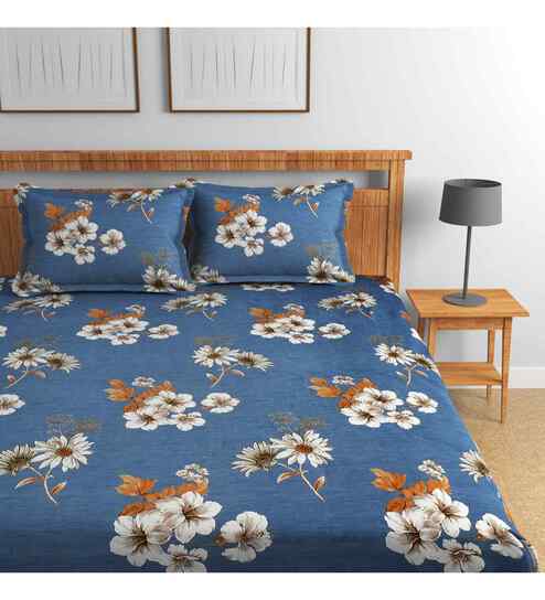 Dark Blue Floral 144 TC Cotton King Fitted Bedsheet Bedsheet 2 Pillow Rose Collection