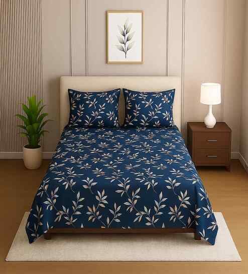 Dark Blue Floral 210 TC Mix Cotton Single Bed Size Bedsheet wih 2 Pillow cover Essential Series Collection