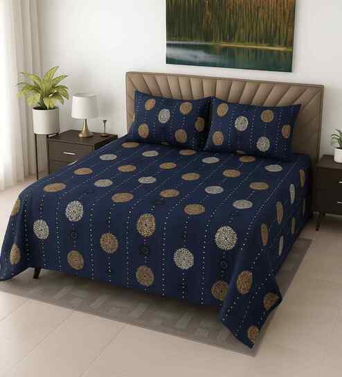 Dark Blue Floral 400 TC Cotton Super King Size Bedsheet with 2 Pilllow covers Essential Series Collection
