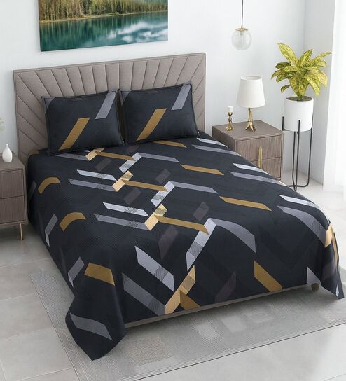 Dark Blue Geometric 400 TC Cotton Double Queen Size Bedsheet With 2 Pillow Covers