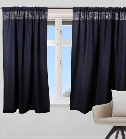 Dark Blue Traditional Polyester Blend 5 Ft Blackout Rod Pocket Window Curtain by Zeba