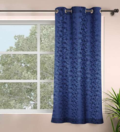 Dark Blue Polyester Jacquard 5ft Regular Eyelet Window Curtain