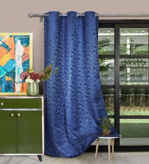 Dark Blue Polyester Jacquard 9ft Regular Eyelet Long Door Curtain